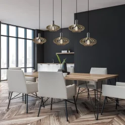 5-Lichts hanglamp zwart met naturel houten kappen