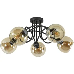 5-Lichts klassieke plafondlamp zwart met amber glazen bollen