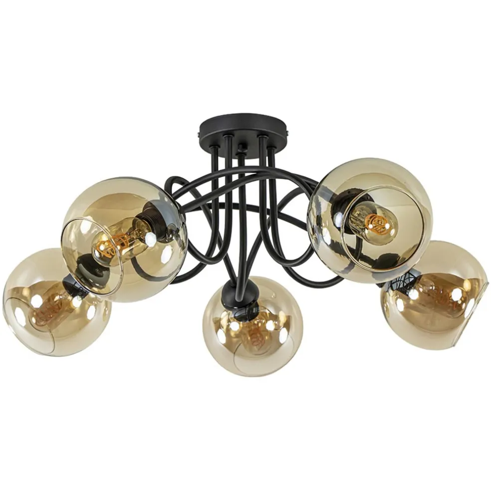 5-Lichts klassieke plafondlamp zwart met amber glazen bollen