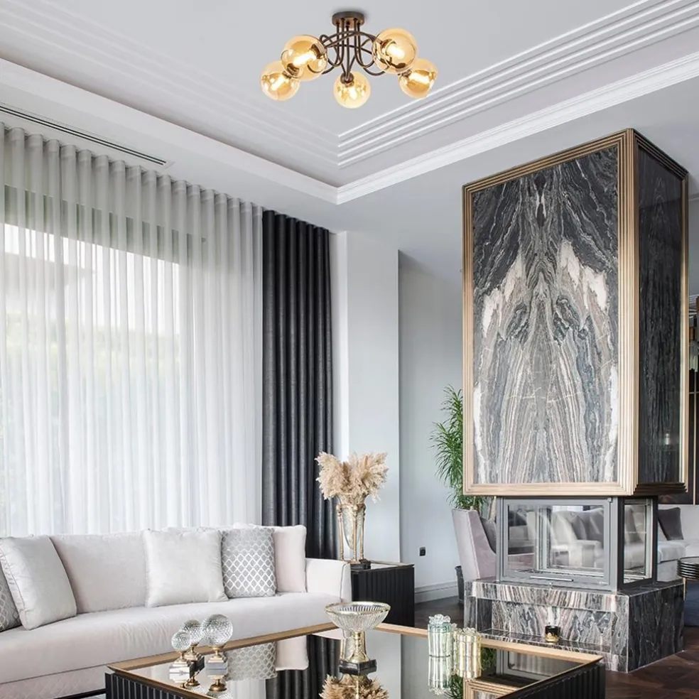 5-Lichts klassieke plafondlamp zwart met amber glazen bollen