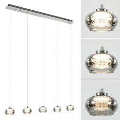 5-Lichts LED eettafelhanglamp smoke glas dimbaar