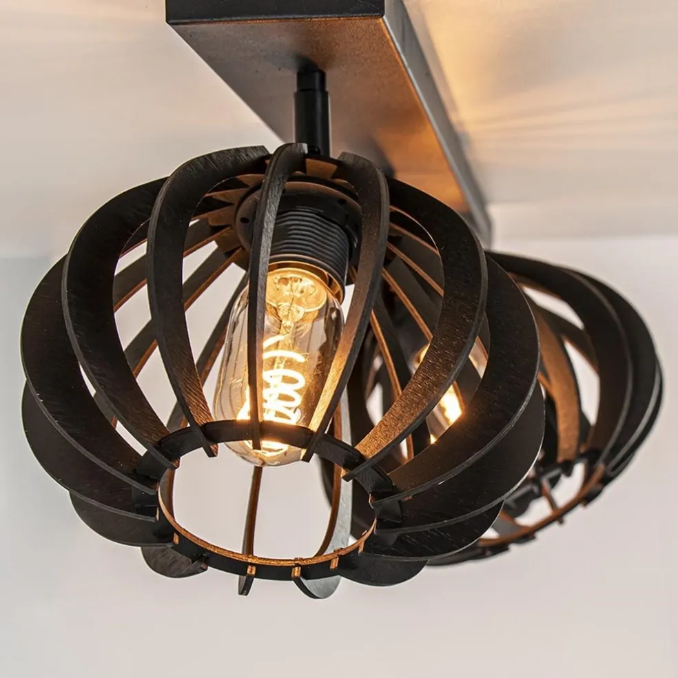 3-Lichts plafondlamp zwart met verstelbare houten kappen