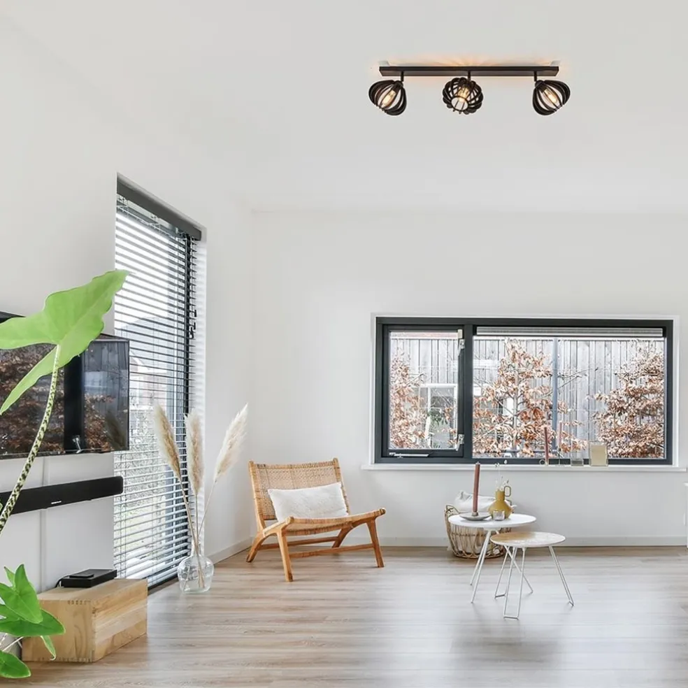 3-Lichts plafondlamp zwart met verstelbare houten kappen