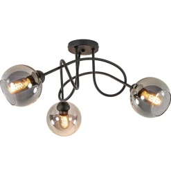 3-Lichts plafondlamp zwart met smoke glazen bollen