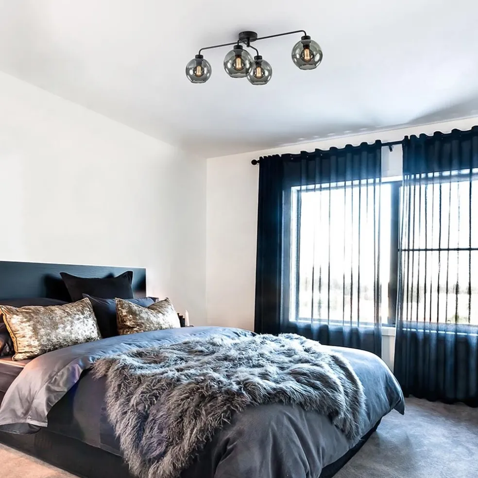 4-Lichts plafondlamp zwart met smoke glazen bollen