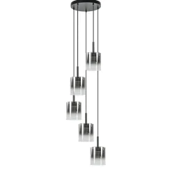 5-Lichts ronde hanglamp zwart met titanium/helder glas
