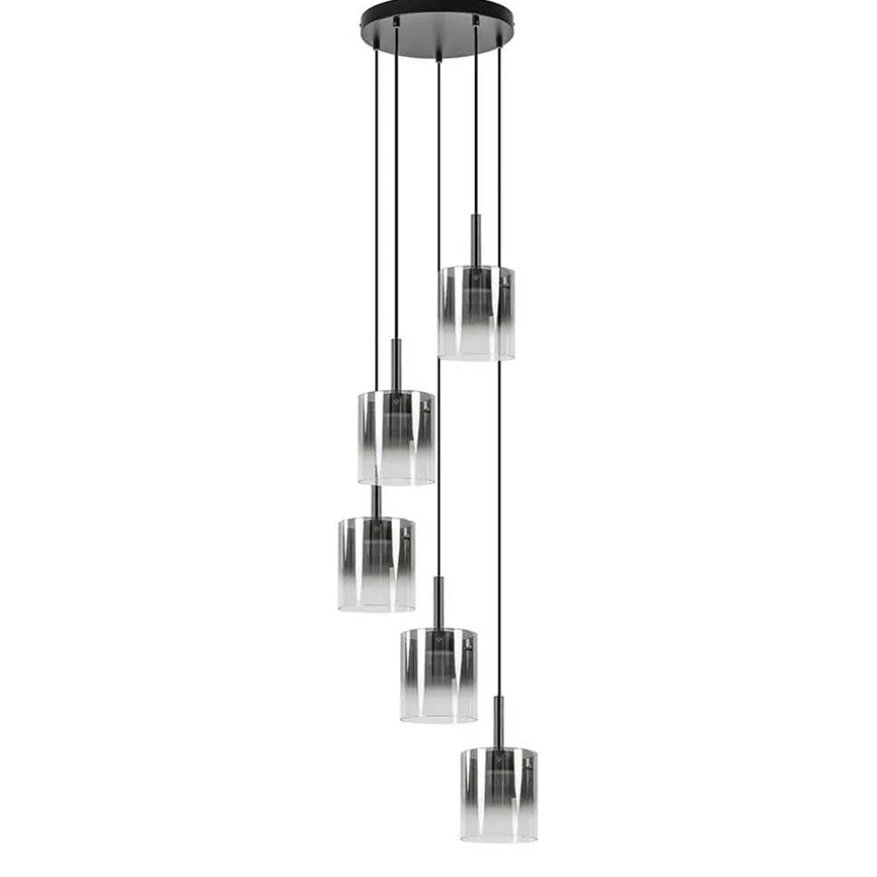 5-Lichts ronde hanglamp zwart met titanium/helder glas