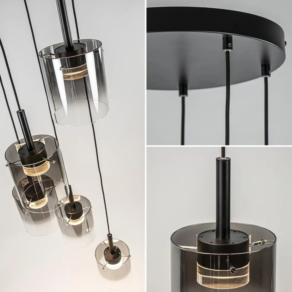5-Lichts ronde hanglamp zwart met titanium/helder glas