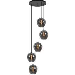 5-Lichts ronde hanglamp zwart met smokey glas