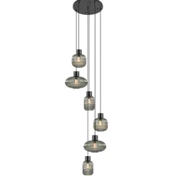 6-Lichts vide hanglamp smoke glas met zwarte details