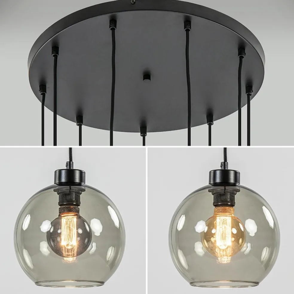 9-Lichts videlamp zwart met smoke glazen kappen