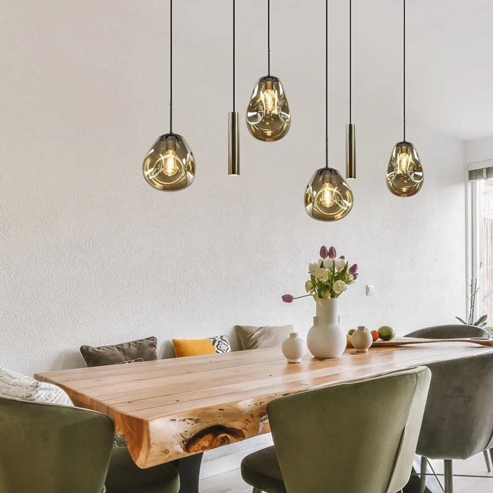 Luxe 6-lichts hanglamp met goud glas en cilinders