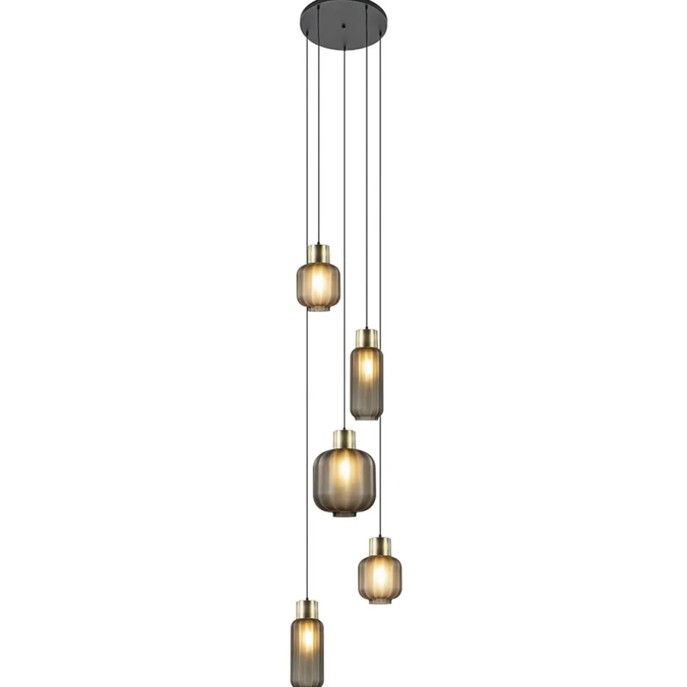 Luxe 5-lichts videlamp zwart/brass met mat zwart glas