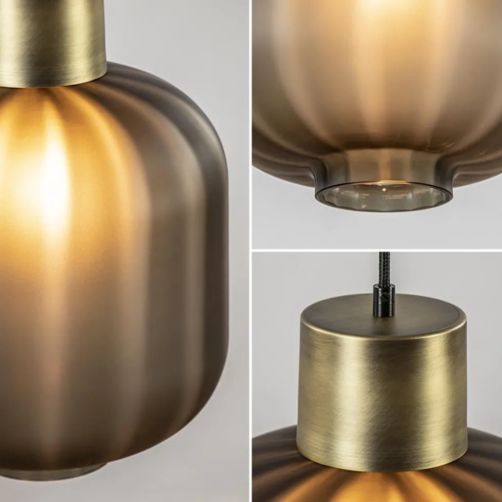 Luxe 5-lichts videlamp zwart/brass met mat zwart glas