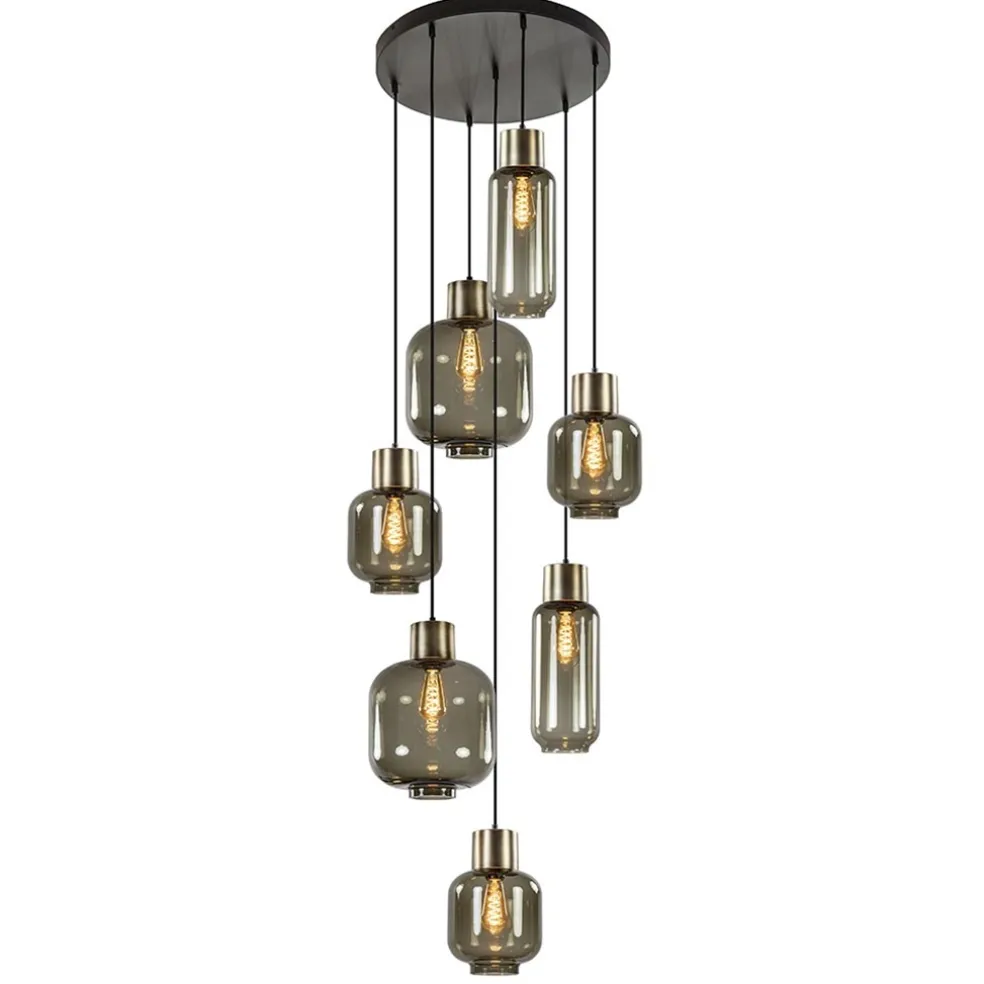 Luxe 7-lichts videlamp zwart/brons met smoke glas