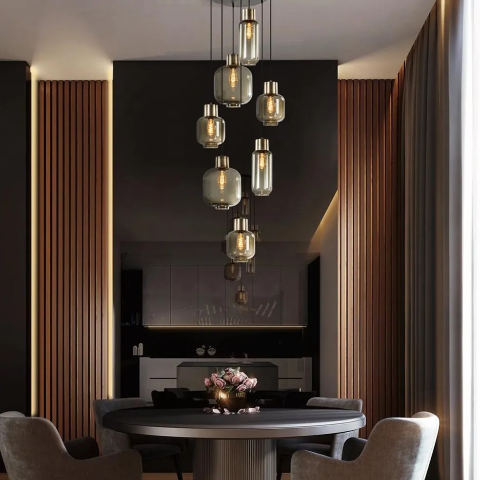 Luxe 7-lichts videlamp zwart/brons met smoke glas