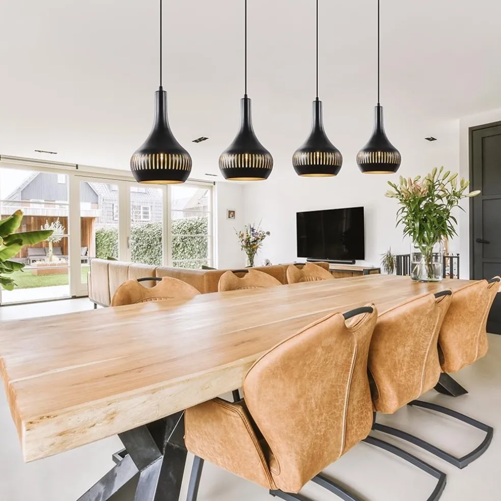 Mat zwarte eettafelhanglamp zwart met goud 4-lichts