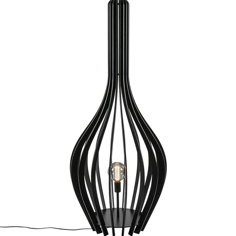 Mat zwarte houten vloerlamp kegel groot