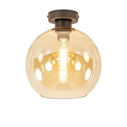 Mat zwarte plafondlamp met amber glazen bol