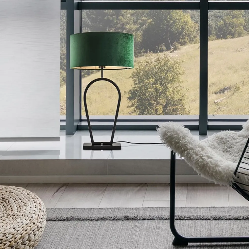 Mat zwarte tafellamp met kap velours groen