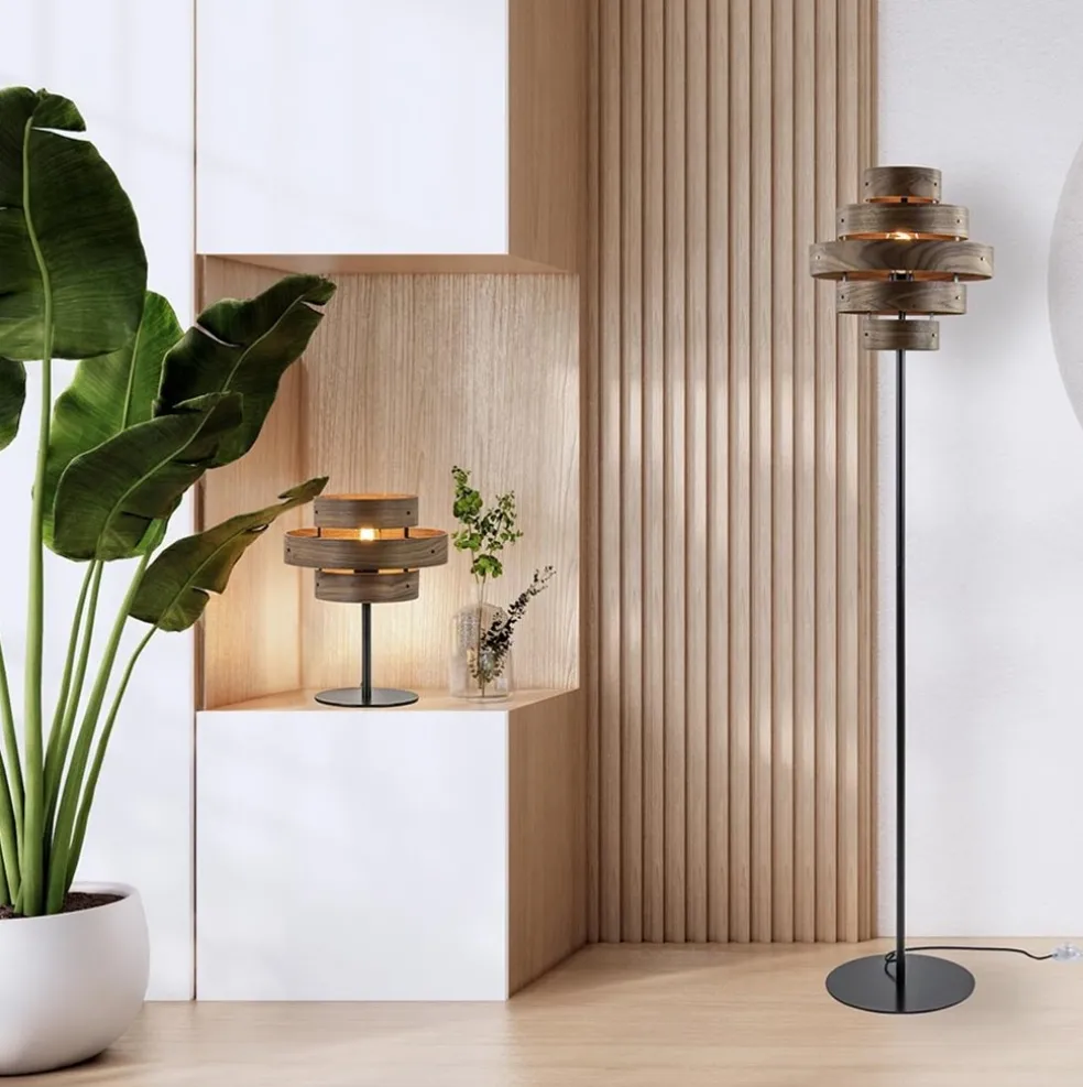 Mat zwarte tafellamp met walnoot houten kap