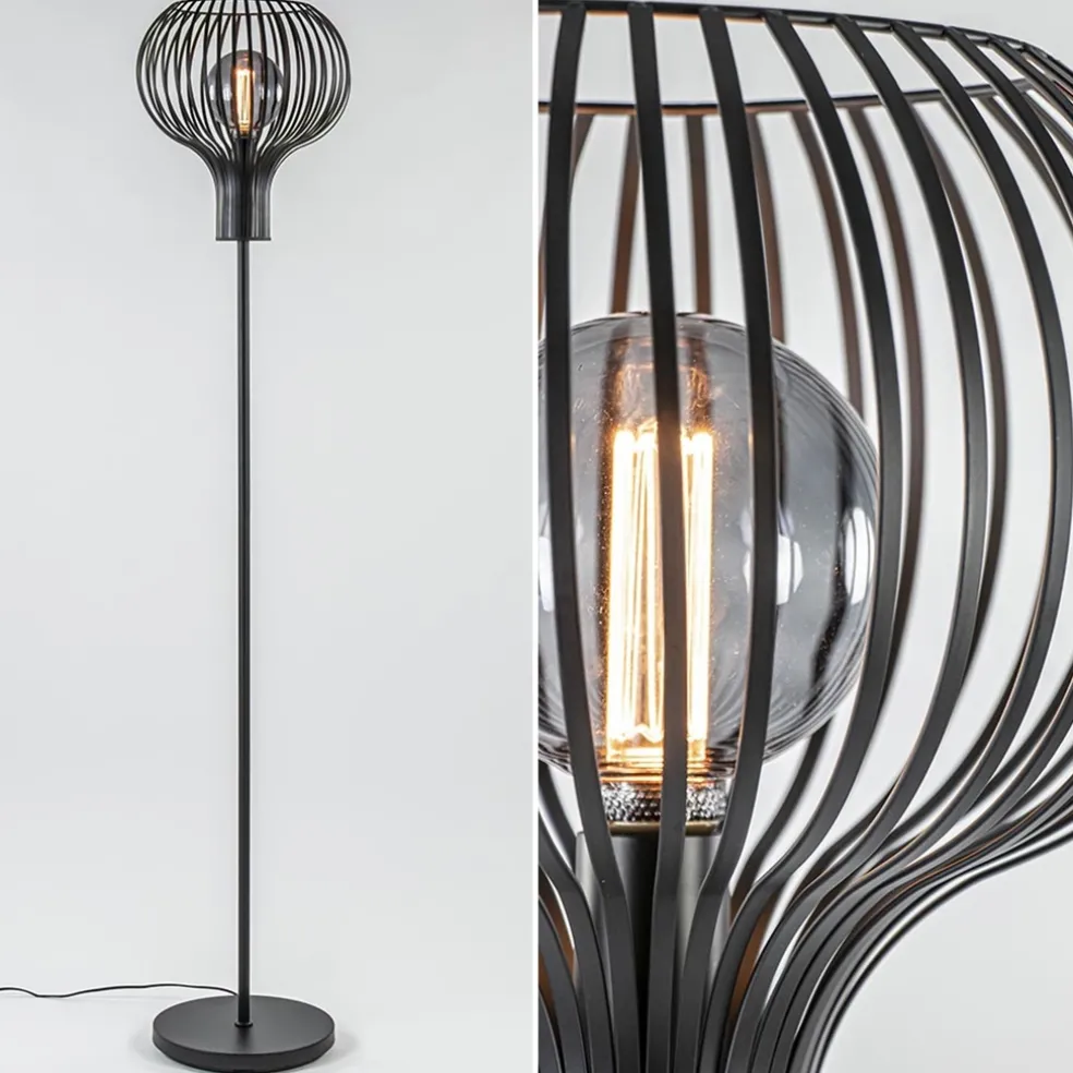 Modern landelijke vloerlamp mat zwart met draadkap