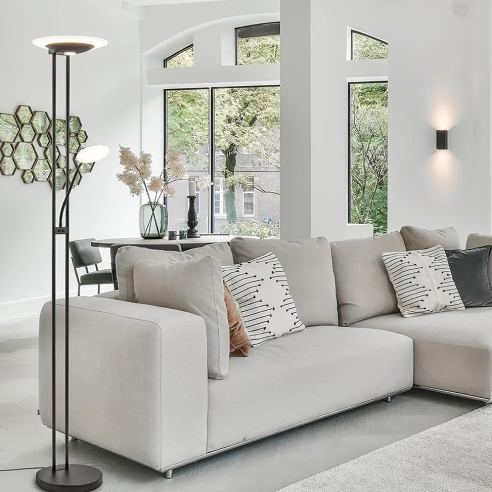 Moderne LED vloerlamp met uplighter en leeslamp mat zwart