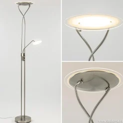 Nikkel vloerlamp met LED uplighter en leeslamp