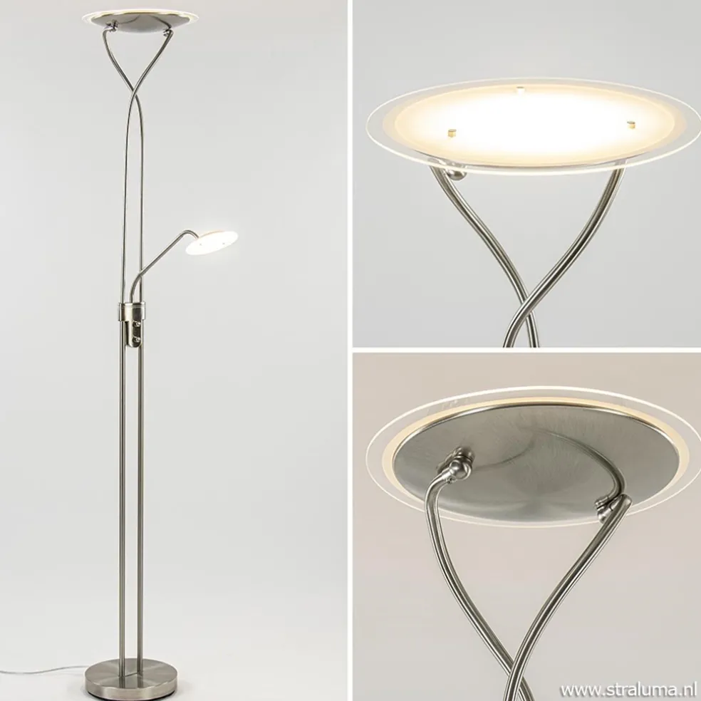 Nikkel vloerlamp met LED uplighter en leeslamp