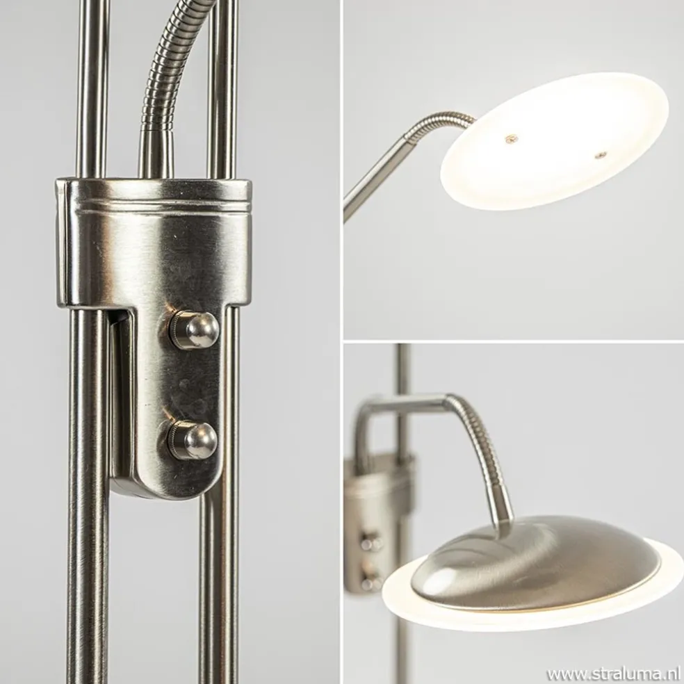 Nikkel vloerlamp met LED uplighter en leeslamp