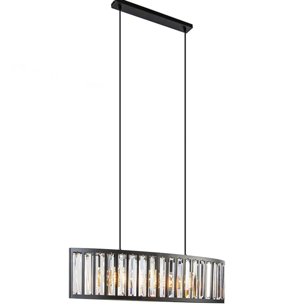 Ovale hanglamp mat zwart met facet geslepen glas