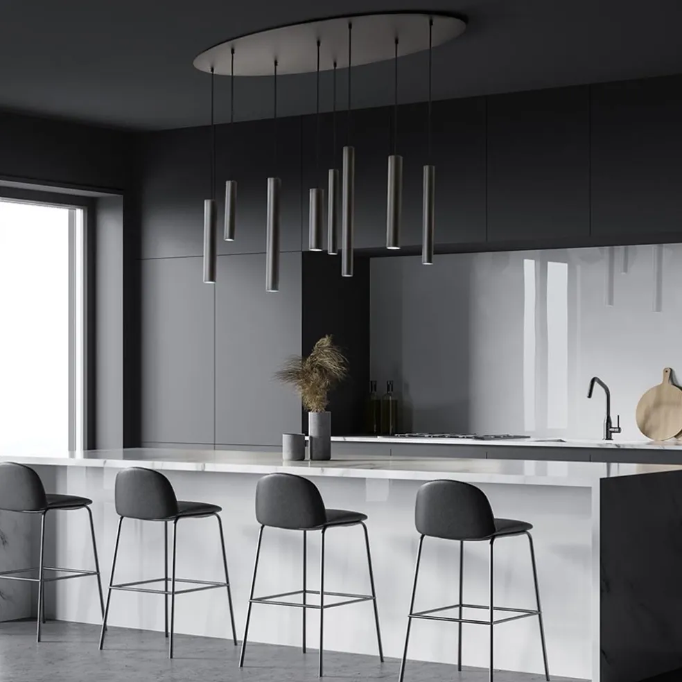 Ovale 8-lichts hanglamp tubes zwart metaal