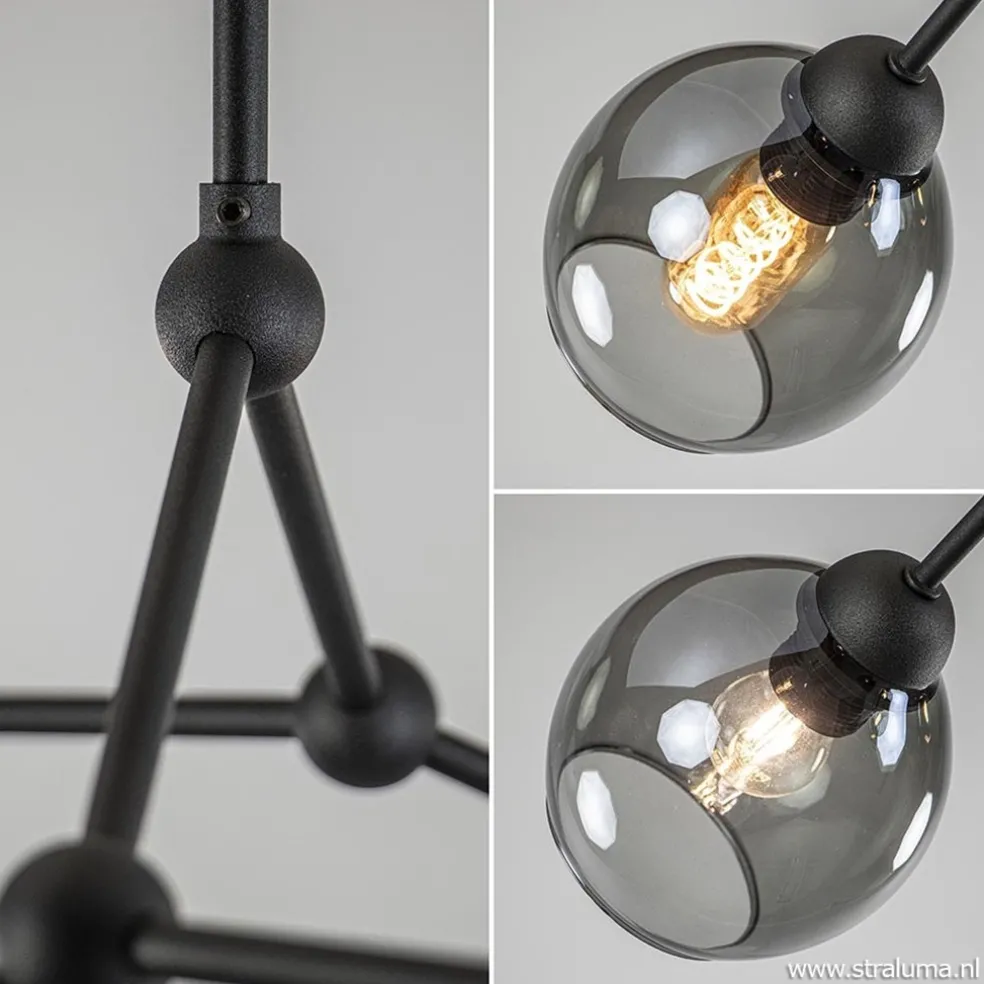 Plafondlamp 4-armen zwart+smoke bolglas