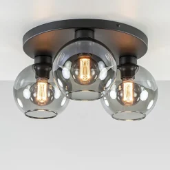 Plafondlamp 3L zwart  bolglas smoke