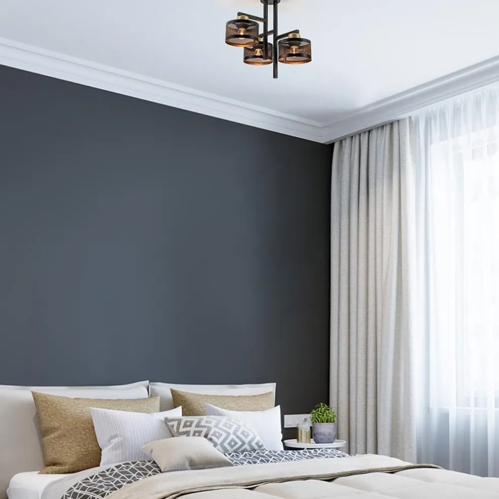 Plafondlamp 3L zwart/goud cilinder geperforeerd