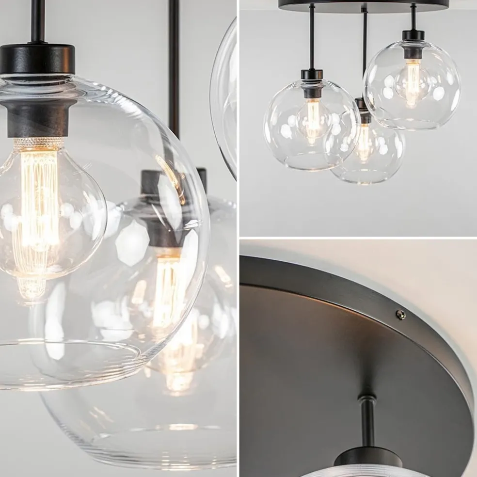 Plafondlamp 3-lichts zwart + helder glas 25cm