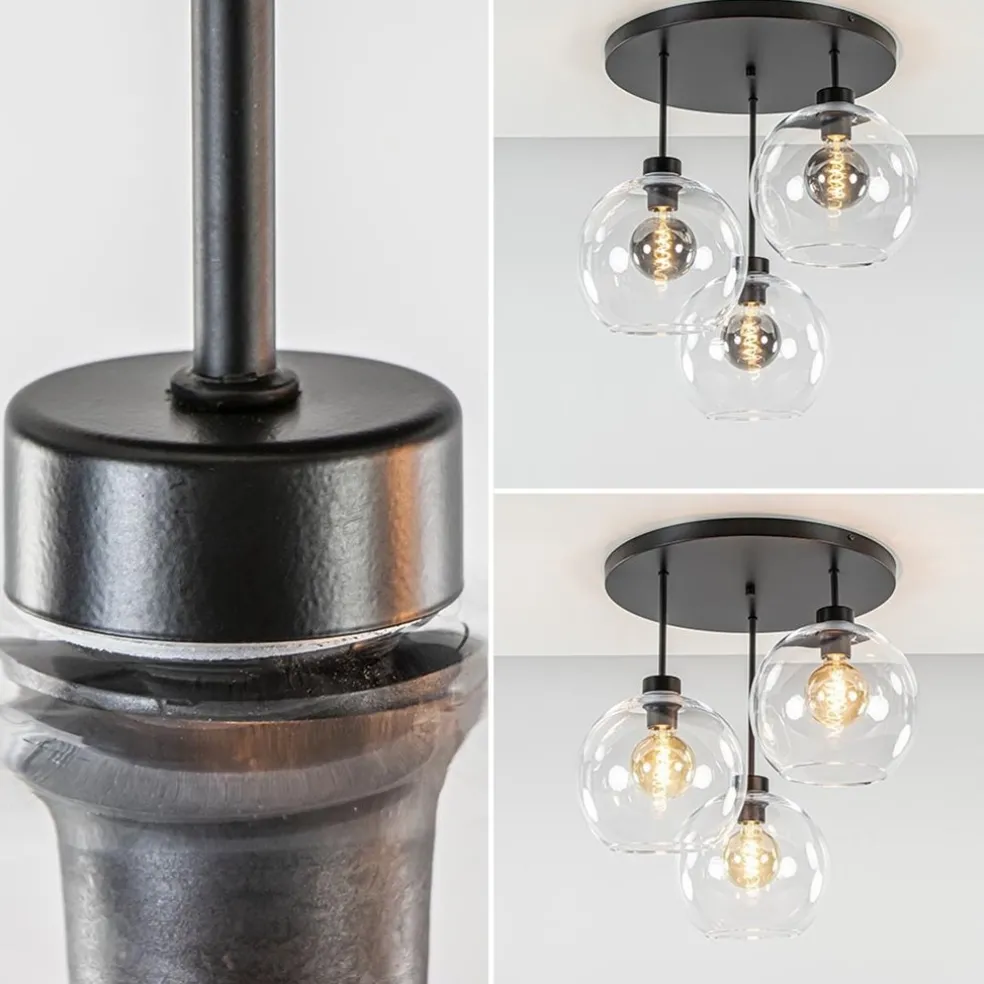 Plafondlamp 3-lichts zwart + helder glas 25cm