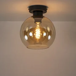 Plafondlamp zwart met amber glas 20 cm