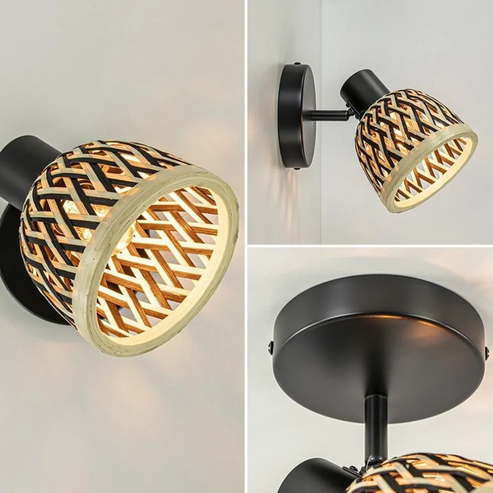 Plafondlamp/wandlamp zwart met bamboe kap verstelbaar