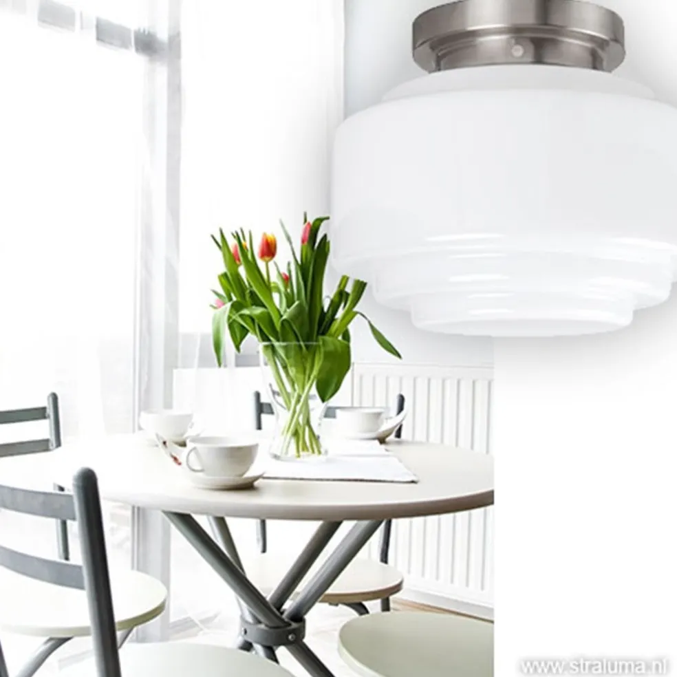 Plafonnière retro opaal glas/staal