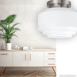 Plafonnière retro opaal glas/staal