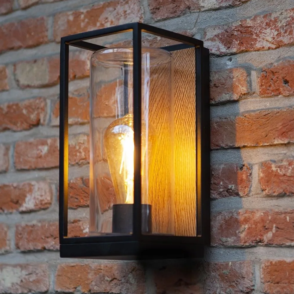 Rechthoekige buitenlamp zwart met houtlook en glas
