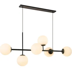 Retro eettafel hanglamp zwart met witte glazen bollen