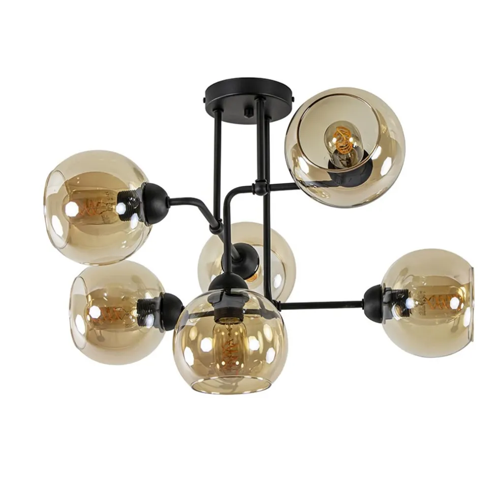 Retro plafondlamp zwart met amber glas 6-lichts