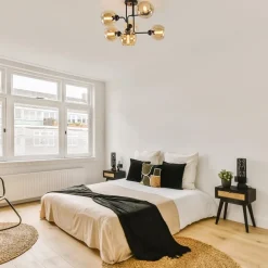 Retro plafondlamp zwart met amber glas 6-lichts