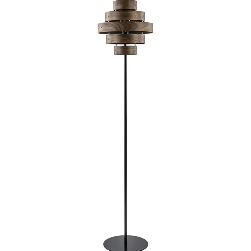 Retro vloerlamp zwart met walnoot houten kap