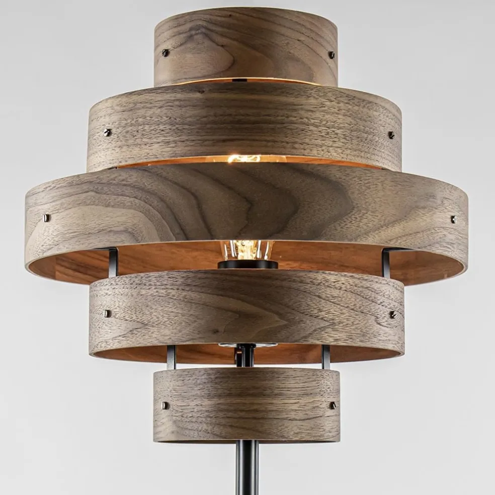 Retro vloerlamp zwart met walnoot houten kap