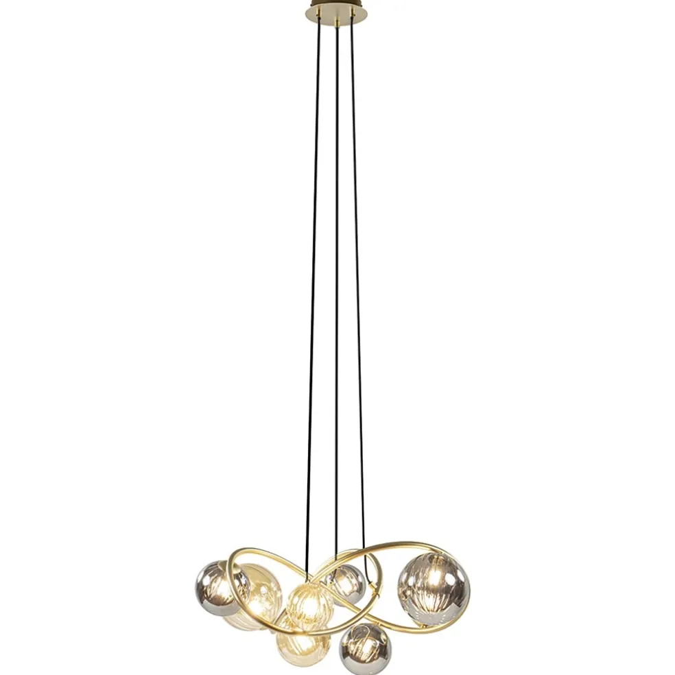 Ronde hanglamp goud met amber en smoke glas