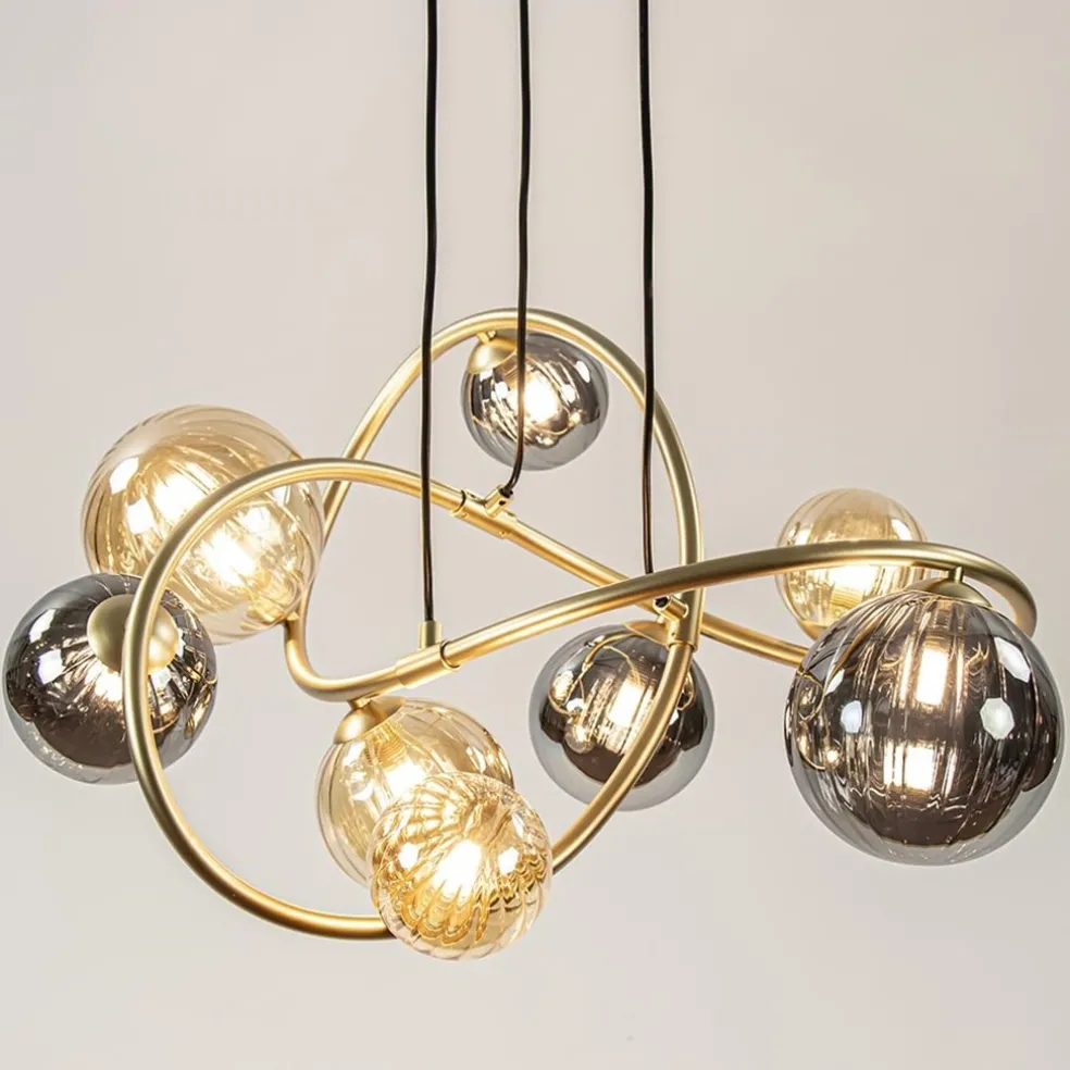 Ronde hanglamp goud met amber en smoke glas