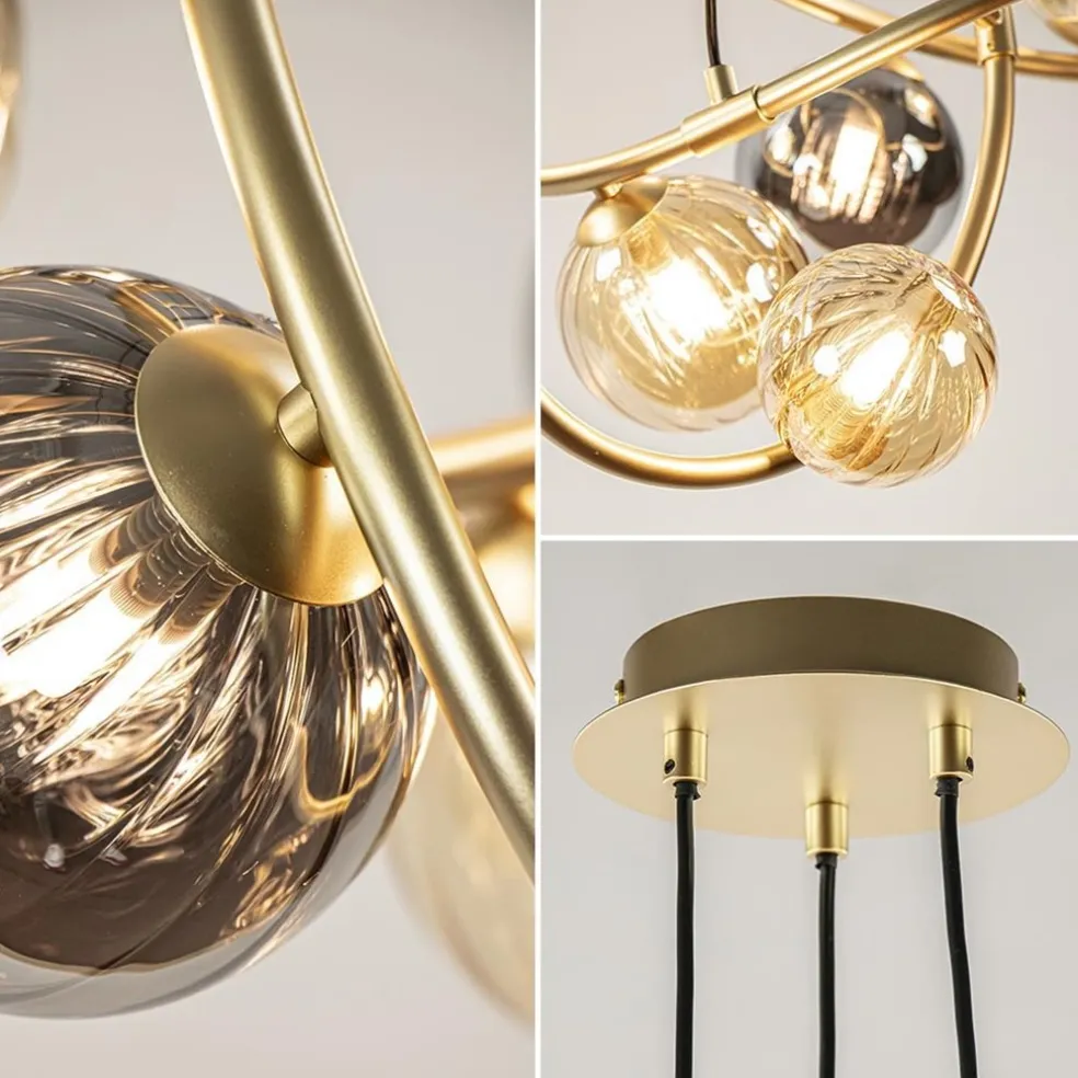 Ronde hanglamp goud met amber en smoke glas